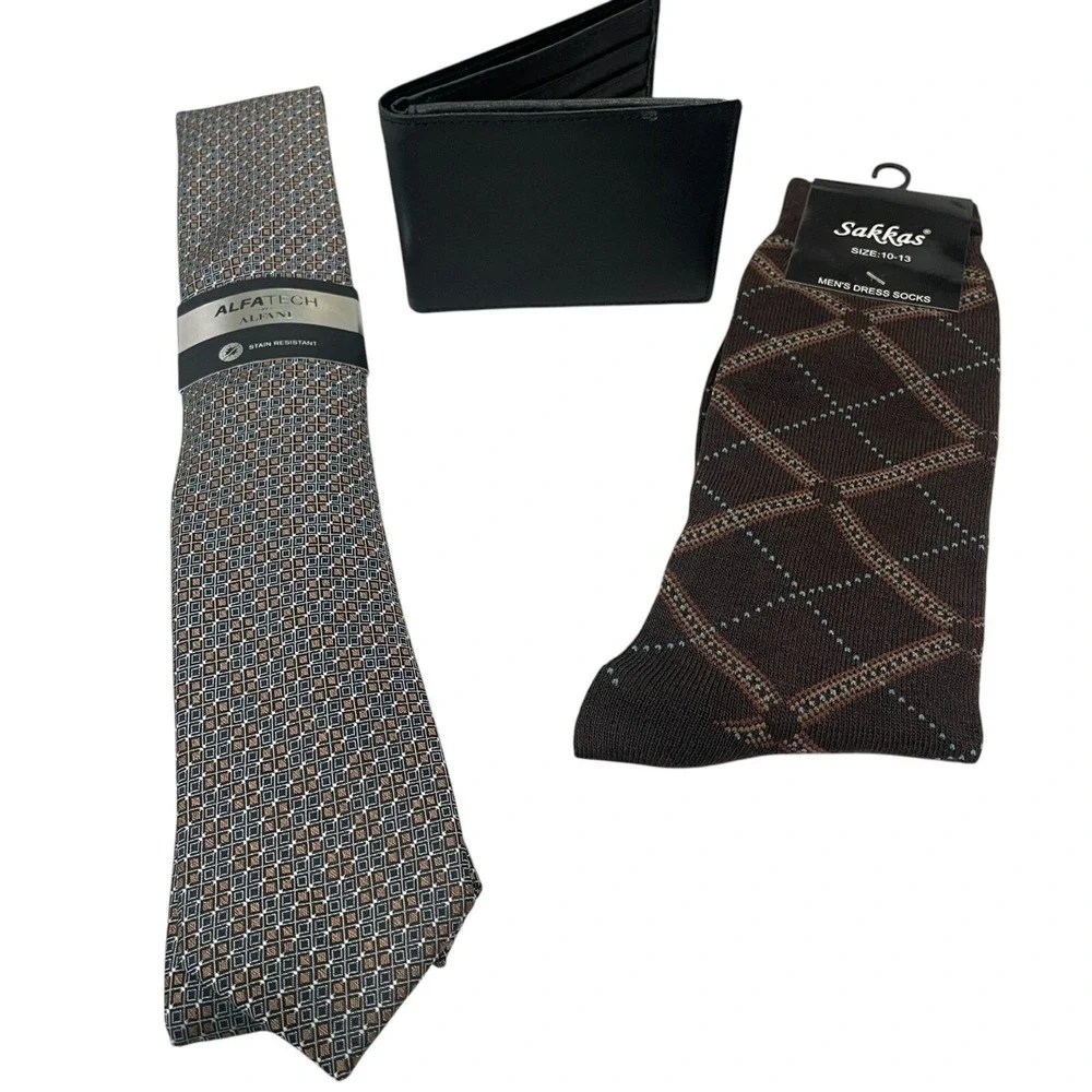 Mens Dress Socks Tie Wallet Gift Set Alfani Genuine‎ Leather Business Formal